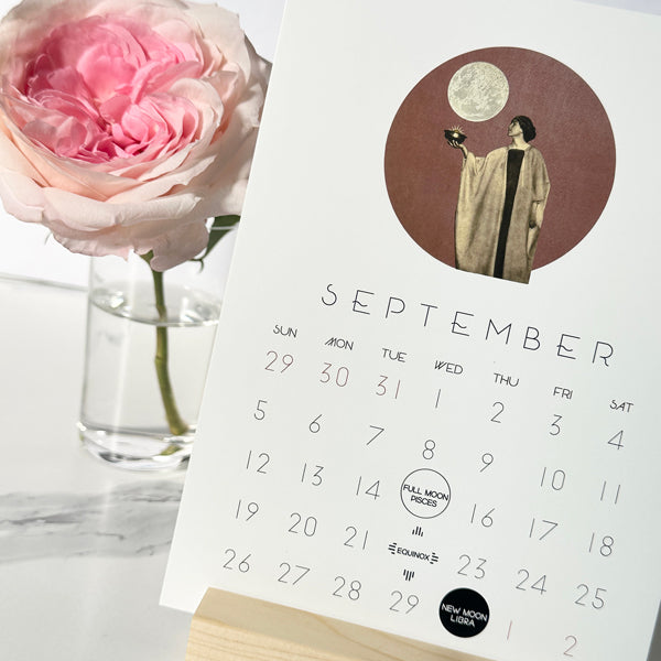 2027 MYSTIC MAMMA MOON calendar September card featuring collage of Goddess and the Moon