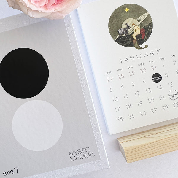 2027 MYSTIC MAMMA MOON calendar featuring box and January card with wood stand